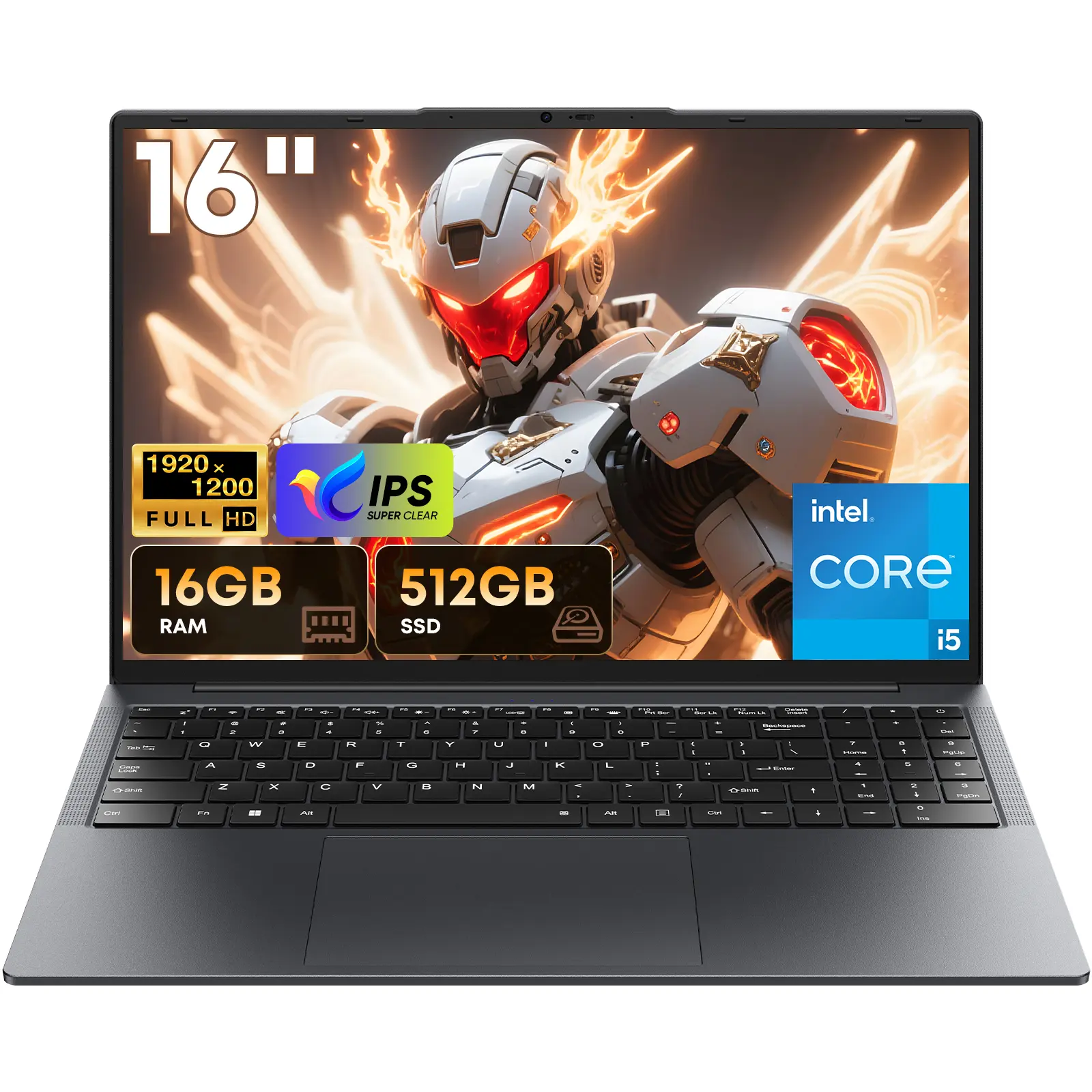 TPV Portable Laptop - 16" 16:10 Ratio FHD 1920x1200 IPS Display, Core i5 Processor (Up to 3.6 GHz), 16GB RAM, 512GB SSD, Windows 11 Pro, Office Suite, 2.4G&5G Wi-Fi, Bluetooth 5.0, RJ45, HDMI Port, USB 3.0, Backlit Keyboard, Integrated Camera, 7W Tdp, Ult