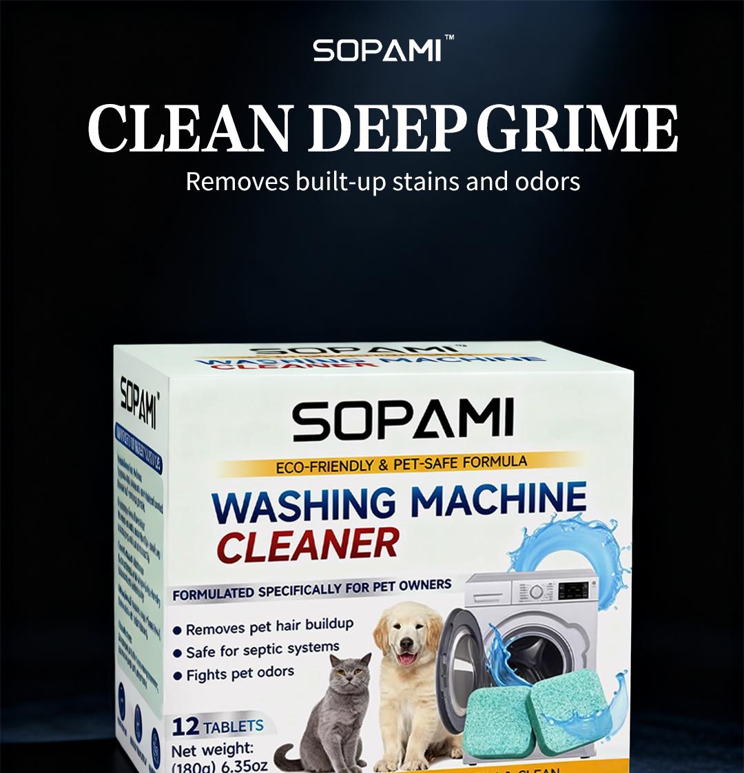 SOPAMI Washing Machine Cleaner Tablets 12 pack pet safe eco friendly cleaning tablets neutralizes pet related odors deep cleans grime keeps washing machine fresh easy to use