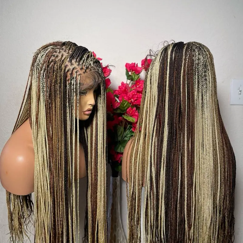 Blonde Multi Color Tiny Knotless Braids 30 Inches Made with Premium Fiber Lace with Human Hair and Baby Hair. Medium: Cap size :21.5 – 22.5”