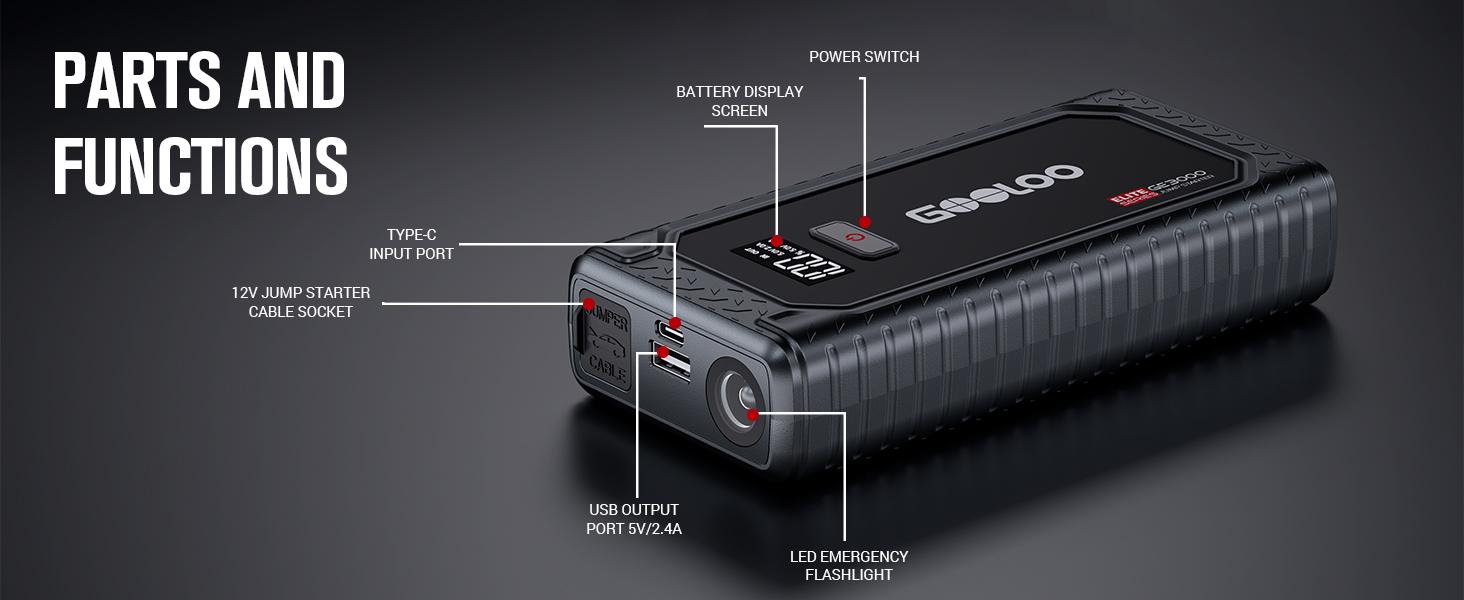 GOOLOO GE3000 Car Jump Starter 3000A Portable Jump Box (up to 8.5L Gas/ 6L Diesel), 12V SuperSafe Lithium Battery Booster Jump Starter with Smart Charging Port and LED Light
