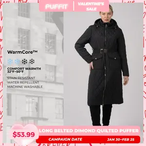 PUFFIT WarmCore Premium Long Dimond Quilted Puffer With Adjustable Belt,Lightweight Diamond Pattern,Warm and Elegant,Adjustable Waist,Effortless Style,Versatile Elegance for Commuting