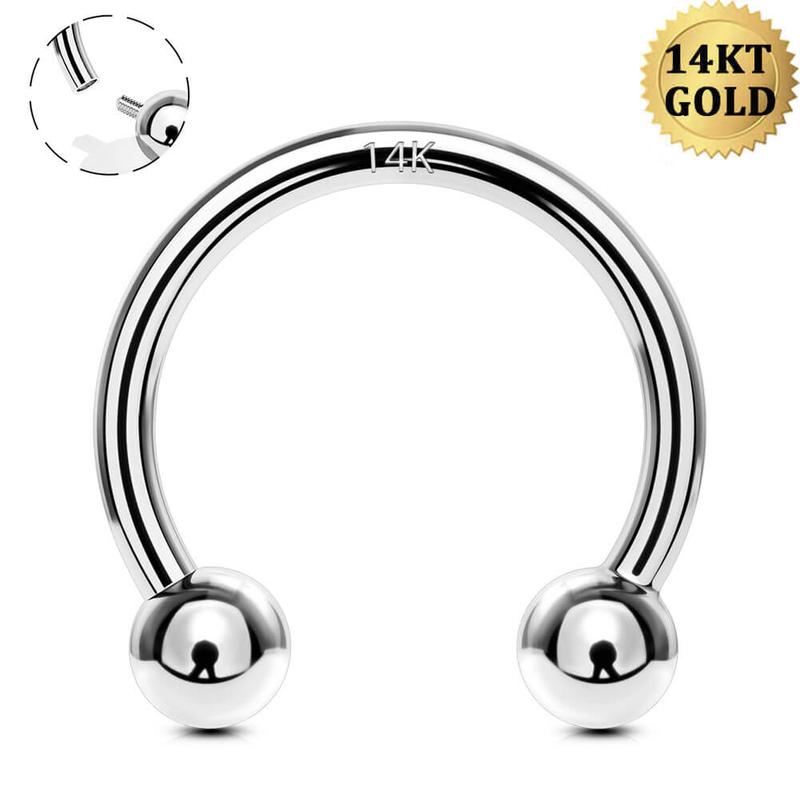 Oufer 14k Solid White Gold 16G Internally Threaded Ball End Horseshoe Septum Nose Piercing Ring -Classic Fit for Everyday Wear Inner Diameter 8mm 10mm