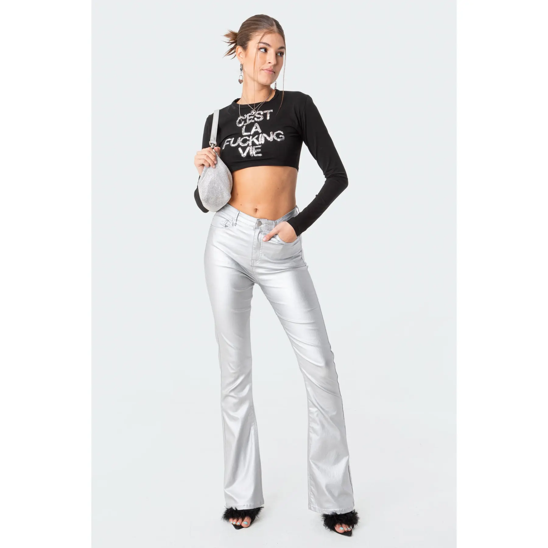 Luna Faux Leather Mid Rise Flared Jeans