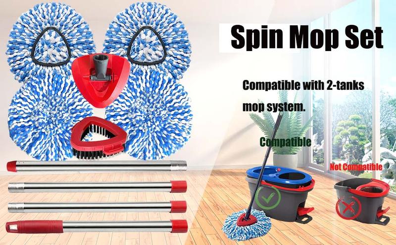 Spin Mop Replace Heads for O Cedar Rinse Clean 2 Tank System, Spin Mop Replacement Head 4 Microfiber Mop Refills, 1 Triangle Head Cover and 30-58in Handle 1 1Scrub Brush