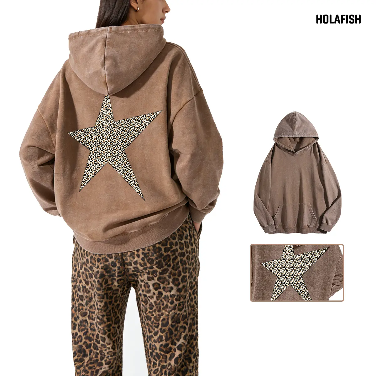 Holafish Women's Vintage Retro Acid Wash Hoodie, Oversized Cotton-Blend Pullover with Asymmetrical Star Leopard Print, Biker Streetwear Top, Lady, Clothes, Lazy Outfit, Hooded Neck, Do Not Dry Clean, Expandable, Graphic