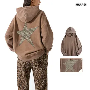 Holafish Women's Vintage Acid Wash Hoodie Retro Print Oversized Hoodies Sweatshirt Asymmetrical Star Leopard Print Top Stylish Cool Tops , Loose Fit Streetwear Tunic for Casual Wear
