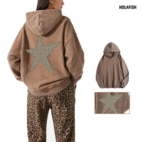 Holafish Women's Vintage Acid Wash Oversized Loose Cotton-Blend Long Sleeve Hoodie - Fashion Animal Print Star Leopard Biker Streetwear Top, Hooded Neck, Asymmetrical Expandable Graphic, All Day Wear Women's Clothing Sweatshirt