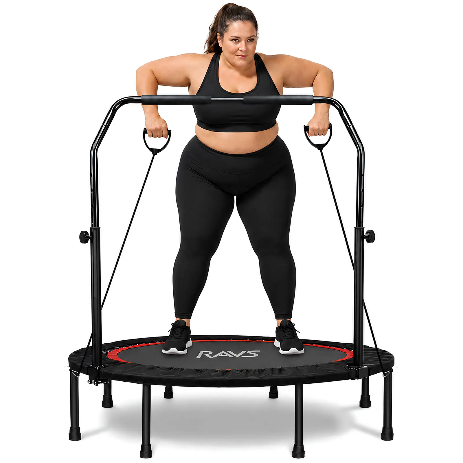 RAVS Foldable Mini Rebounder Trampoline for Adults, 40"/48" Size, 450 LBS Heavy-Duty Steel Capacity, Adjustable Foam Bar for Secure Indoor Workout Fitness