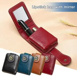 Vintage style women's lipstick bag with mirror, portable lipstick storage bag, small lipstick carrying bag, high-quality PU leather material, advanced texture, exquisite suture reinforcement, suitable for dating, daily makeup carrying