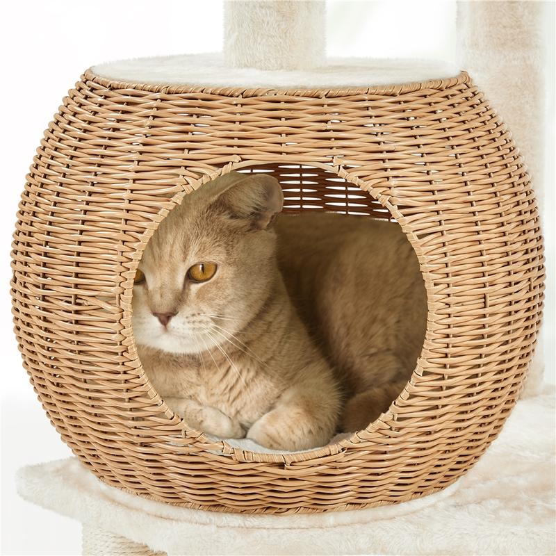 Costoffs 54" Tall Rattan Cat Tree with Sisal Scratching Posts, Cozy Nest & Soft Cushion – Luxury Cat Condo with Hanging Ball, Basket, and Bowl for Small to Medium Indoor Cats