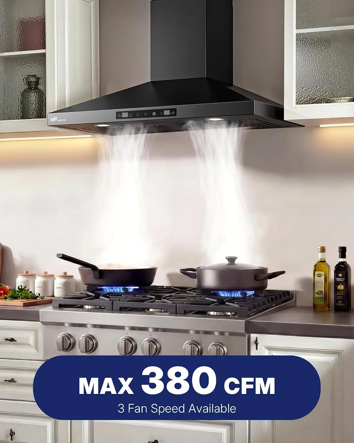 Upstreman 30-Inch Wall Mount Range Hood - 380 CFM (300 to 499 CFM Range), Gesture & Touch Control, 3-Speed Matte Black Vent Hood, 15-Min Auto Shut-Off, 5W Ultra-Bright LED Lights, Ducted/Ductless Convertible, Durable Design, Easy Maintenance, Model HC30,,