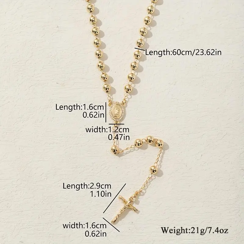Women's 14K Gold Plated Catholic Y Necklace - Our Lady of Guadalupe, Rosary Beads, Cross Design Pendant - Elegant Dainty Christian Religious Jewelry, Daily Wear Necklace for Gifting