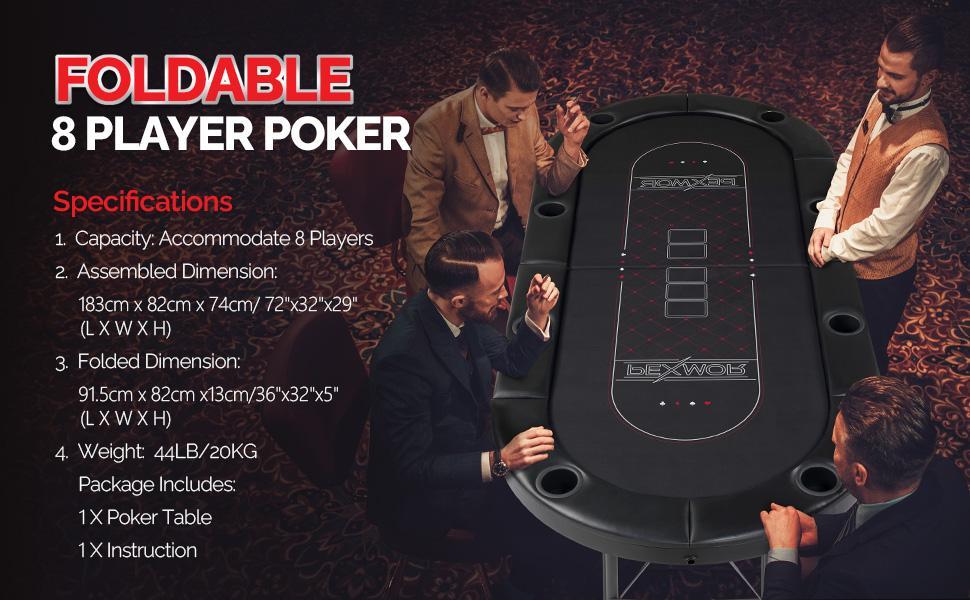 PEXMOR 8 Player Foldable Poker Table, Folding Texas Holdem Blackjack Casino Game Table w/Deeper Stainless Steel Cup Holders| Casino-Grade Felt| Water-Resistant Cushioned Rail, Fully Assembled