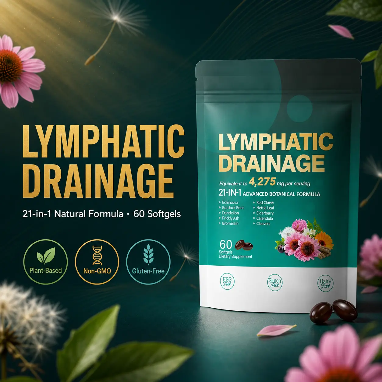 Lymph Support Softgel Capsules with Herbal Extracts for Daily Body Balance