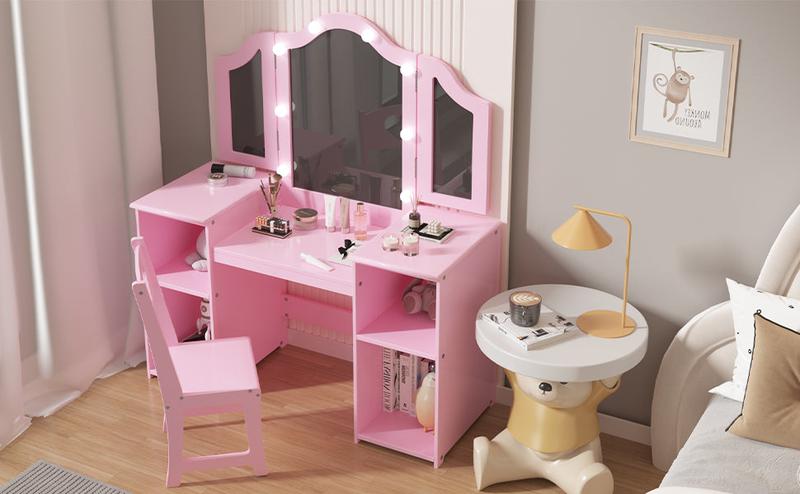 【GARVEE】Princess Vanity Table & Chair Set with 2-in-1 Design, Touch Light, Detachable Tri-Folding Mirror, Open Storage Shelves, Wood Makeup Playset, Easy Assembly, Pink
