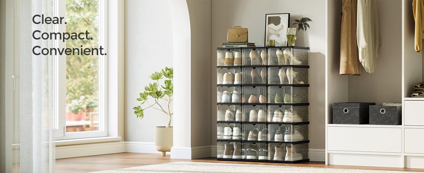 SONGMICS HOME Collapsible Shoe Boxes - Foldable Stackable Portable Organizer for US Size 13 Transparent PP Plastic Racks