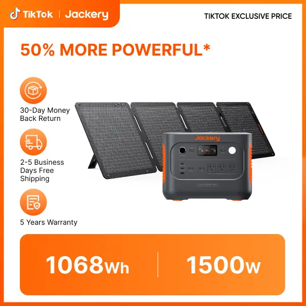 [Live Exclusive] Jackery Solar Generator 1000 v2 with 1x100W Solar Panel,1068Wh Portable Power Station LiFePO4 Battery,1500W AC/100W USB-C Output,1Hr Fast Charge for Outdoor,Off-Grid Living,RV,Emergency,sohochic