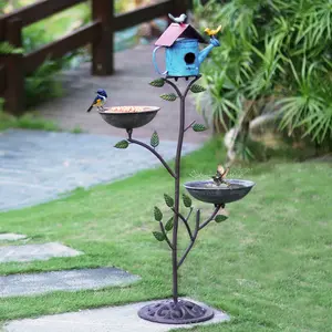 Metal Birdhouse Outdoor, Birdhouse Pole – Integrates Bird Feeder and Bird Bath, 3-in-1 Multi-Functional for Yard Decorations Outdoor, Cast Iron Base
