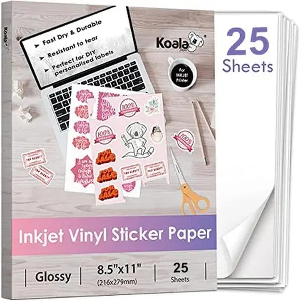 Koala Glossy Waterproof Vinyl Sticker Paper – 8.5x11", for Inkjet Printers, No Backmarks, Full Sheet for DIY Stickers & Labels Custom Decal Scrapbook Materials
