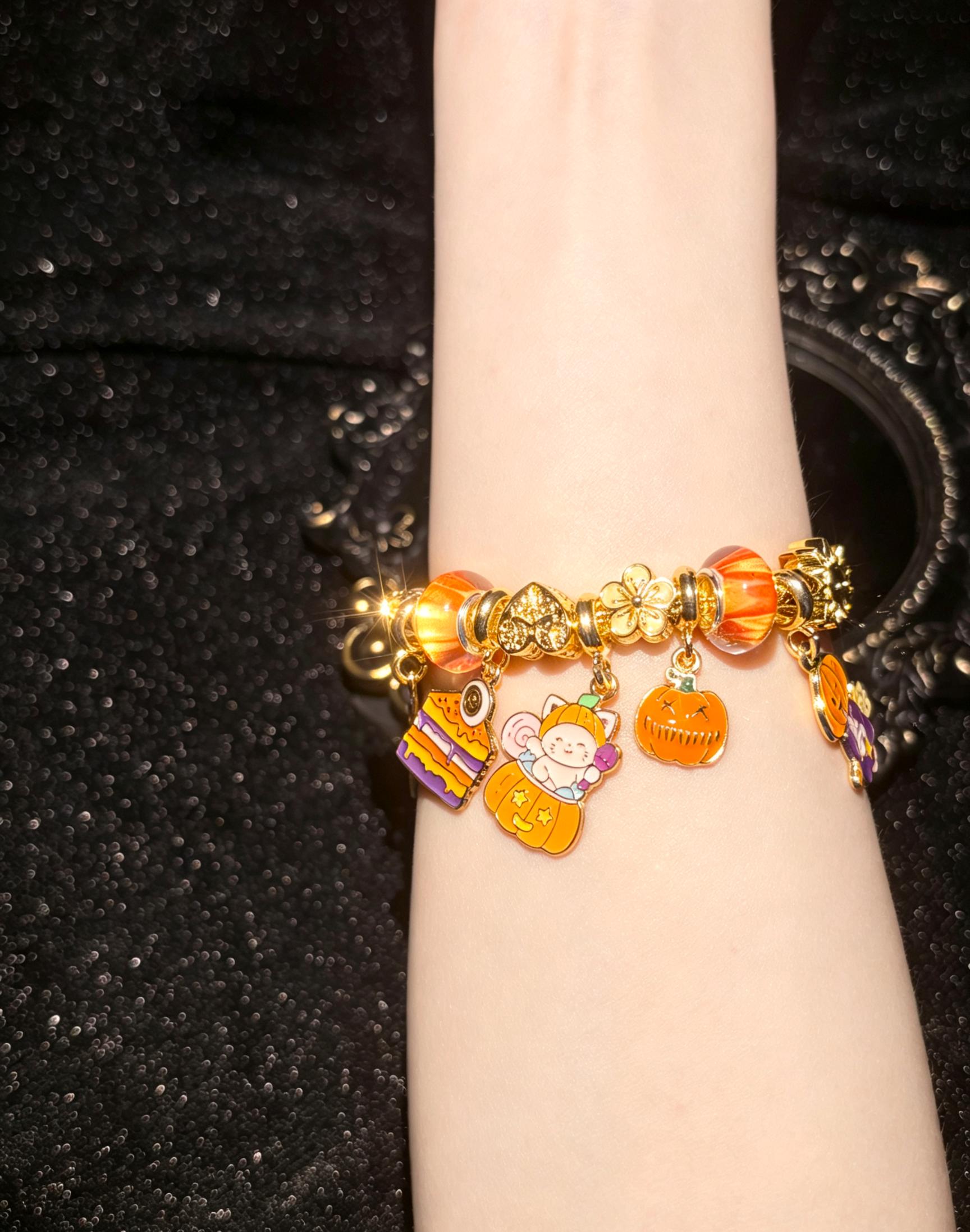Halloween Themed Charm Bracelet, Gold-Tone Chain with Pumpkin, Kitten, Cake Enamel Charms, Festive Holiday Costume Jewelry Gift for Women