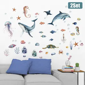 2Set Watercolor Ocean Animal Wall Stickers - Removable Marine Life Sharks Wall Decals,Sea Turtle Jellyfish Home Decoration,DIY Home Office Decor