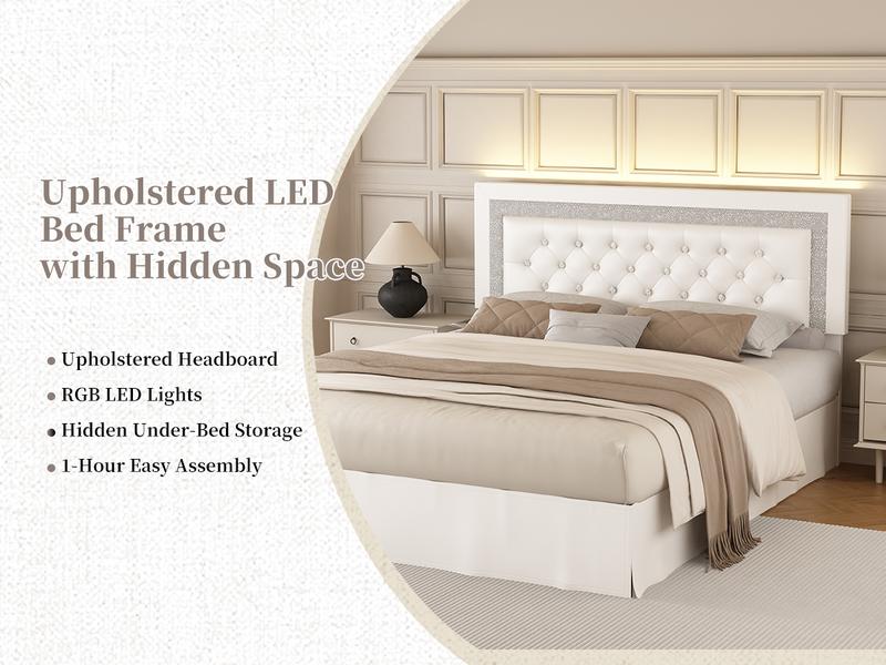 SIBEDS Queen Bed Frame with Adjustable Headboard, PU Upholstered Platform Bed for Bedroom, LED Lighting and Skirt, Diamond Tufted Design, Wooden Slat Support, Easy Assembly