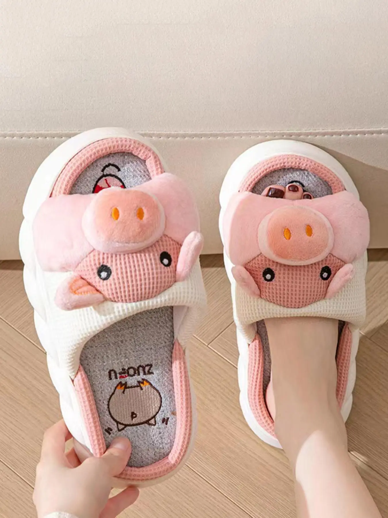 Women's Cute Cartoon Pig Design Slippers, Open Toed Slippers, Casual Soft Comfortable Home Slippers, Non-slip Thick Soled Slippers for Indoor & Outdoor Wear, Slide, Slip Ons Slippers