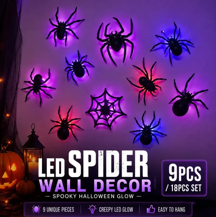 Halloween LED Light Up Spider & Web Wall Decor, Spooky Glowing Ornaments 9/18PCS for Indoor Party Haunted House Decor