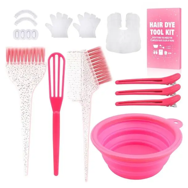 19PCS Hair Bleach Dye Kit with Hair Dye Brush and Bowl Whisk Hair Clips Protective Gear Set, Ideal for Hair Bleaching Coloring Highlighting, Essential Salon Supplies for Home Use (Pink), Haircare