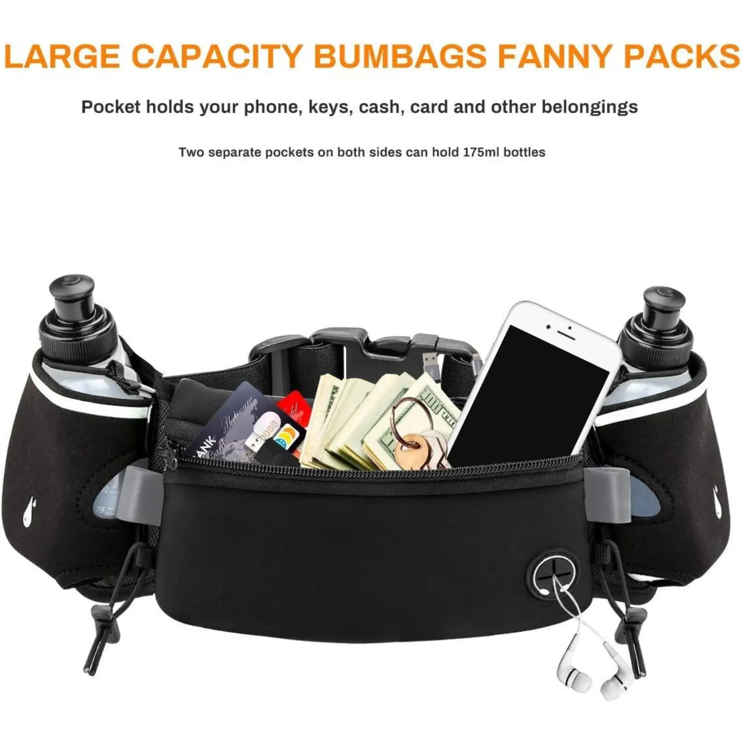 Hydration Running Belt for Men & Women, Adjustable Strap, 175ml Water Bottle, Waterproof Phone Pouch, for Marathon Runs, Hiking