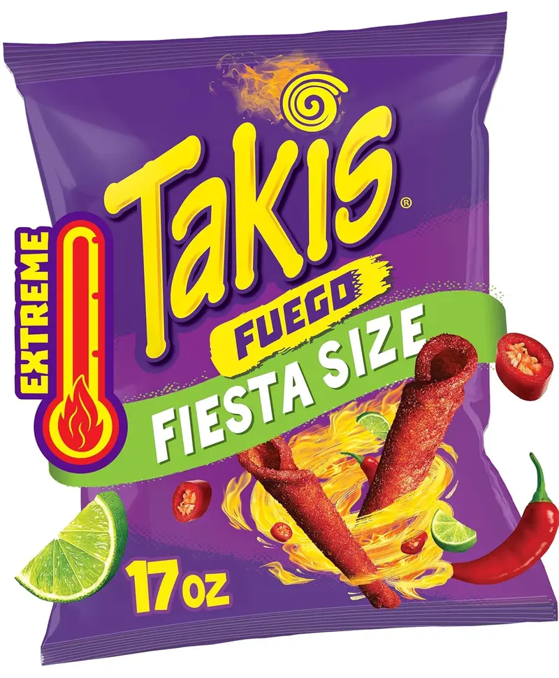 Takis Fuego extreme spicy rolled tortilla chips, snack for parties spice lovers and sharing, hot chili pepper lime flavor chips, 17 oz fiesta size bag, bold fiery crunch