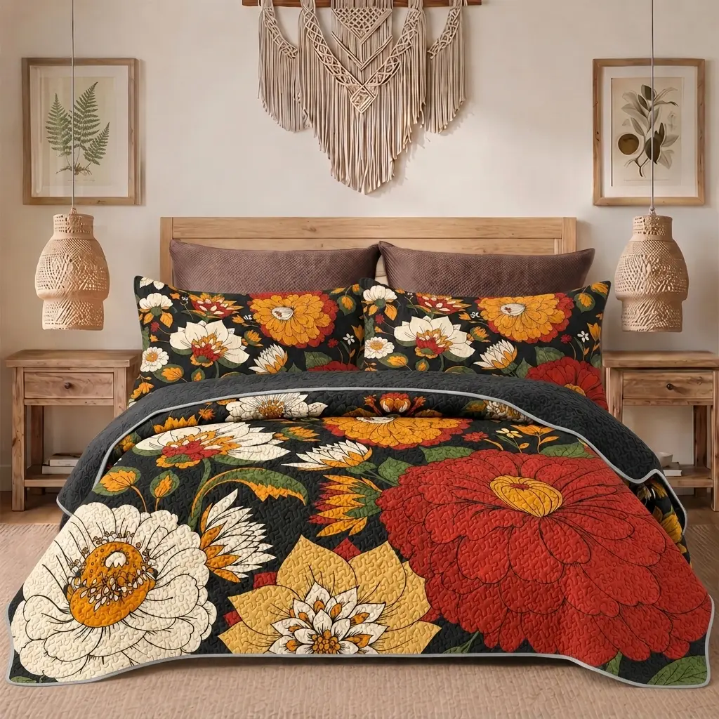 summerwins King Size (106"×96") 3-Piece Breathable Quilt Set with 2 Shams, Vintage Boho Floral Print Reversible Microfiber Coverlet, Farmhouse Dark Botanical Mid-Century Leaf Bedding, Fading-Resistant Lightweight All-Season Home Decor