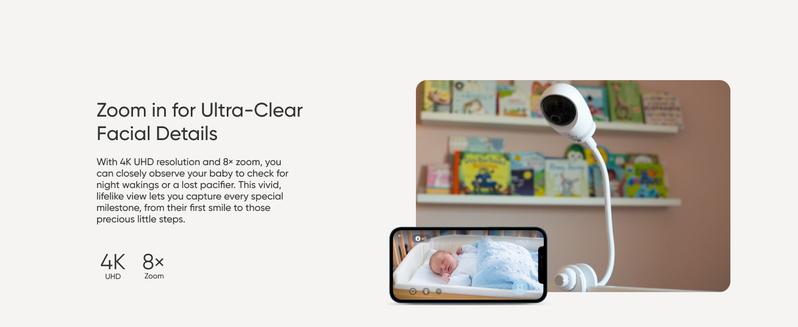 eufy E21 Baby Monitor, with 4K Camera, Hybrid Wi-Fi and No Wi-Fi Connection, App and Monitor Control, Ultra-Clear Night View, Pan-Tilt, 8× Zoom, Portable Camera with Built-In Battery, ANR, Smart Alerts｜Spingtok
