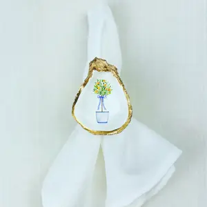 Blue Chinoiserie Floral Pot Oyster Shell Rattan Napkin Rings