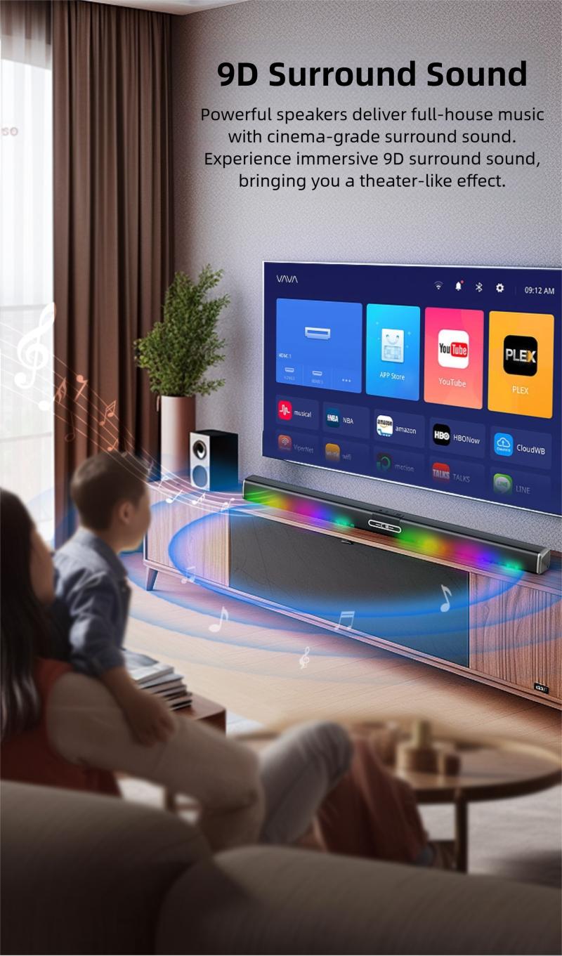 HUICHANG 10-Speaker RGB Soundbar – Wireless Bluetooth 5.3 Slim 34.6” Design,  Deep 9D Bass, TWS Stereo, Piano Black Finish, AUX/USB/Coaxial Inputs, Perfect for Home Theater, TV, Gaming & Party Smartphone Audio，Black Friday, gifts，New Year's Party