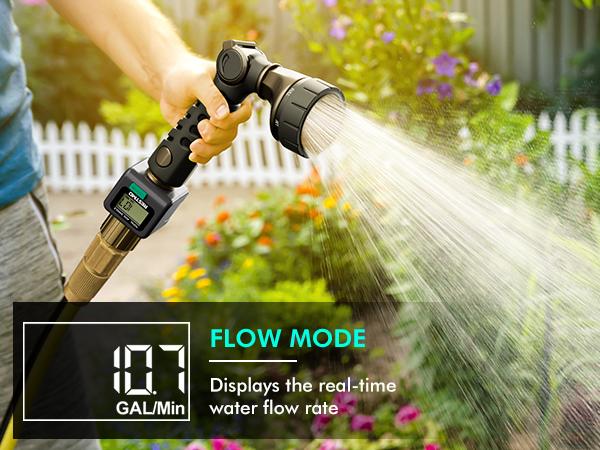 The RESTMO water flow meter measures water consumption (gallons/liter) and flow rate for RV water tank monitoring, lawn sprinklers, and nozzle sprinklers. It features brass inlet and outlet and measures water usage for outdoor garden hose watering.