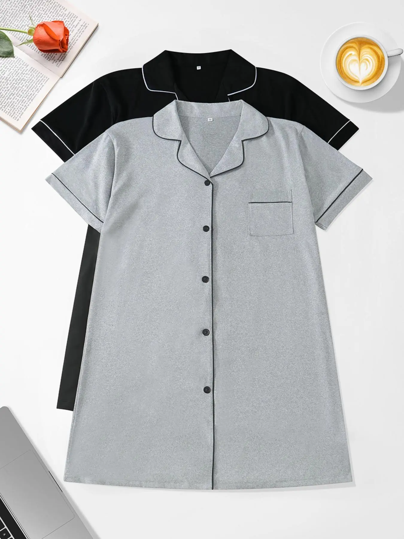 Women's Nightdress Set, Comfortable Casual Basic Minimalist Fitted Aesthetic Homewear, Spring Summer Autumn Sleepwear Loungewear, Ladies Home Clothing, 2 Piece Outfit, Collared