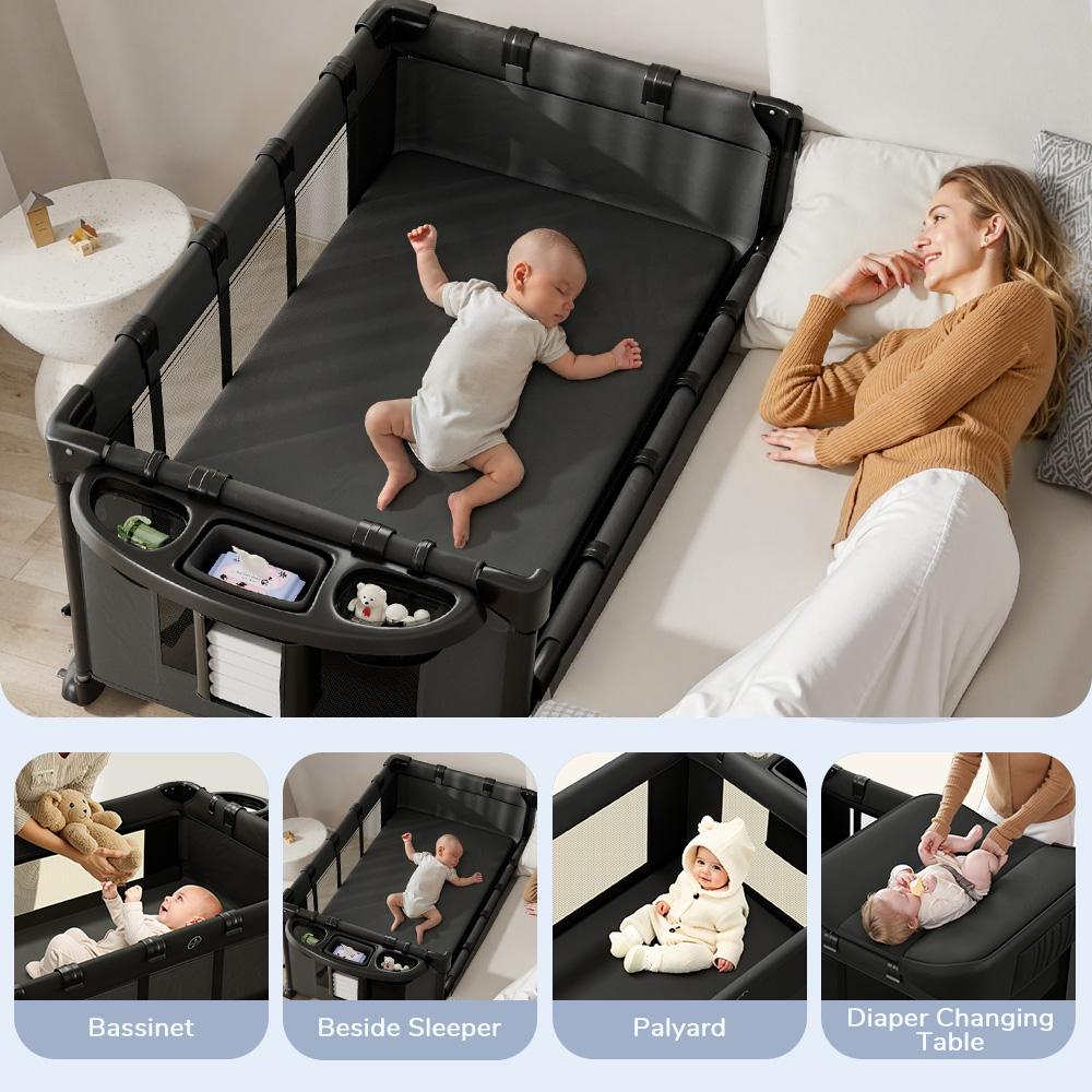 CAVEEN 5 in 1 Baby Playard, WIth Baby Bassinet, Portable Bedside Sleeper Baby Crib, with Removable Changing Station & Storage Organizer, Black