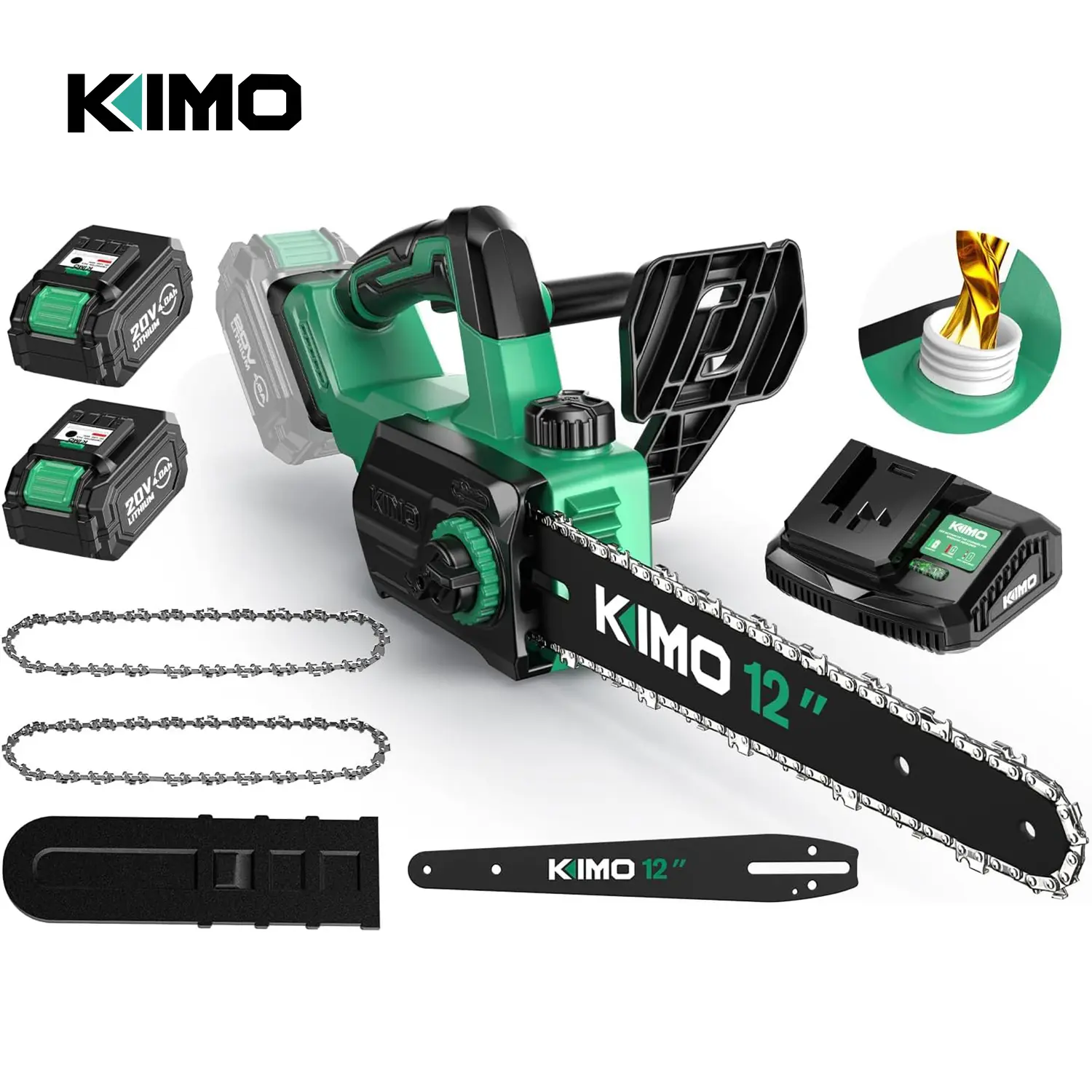 KIMO 12-Inch Brushless Cordless Chainsaw Kit, 54.5 FT/S Cutting Speed, Safety Lock, Automatic Oiler, 2x4.0Ah Batteries, Fast Charger for Wood Cutting, Tree Trimming