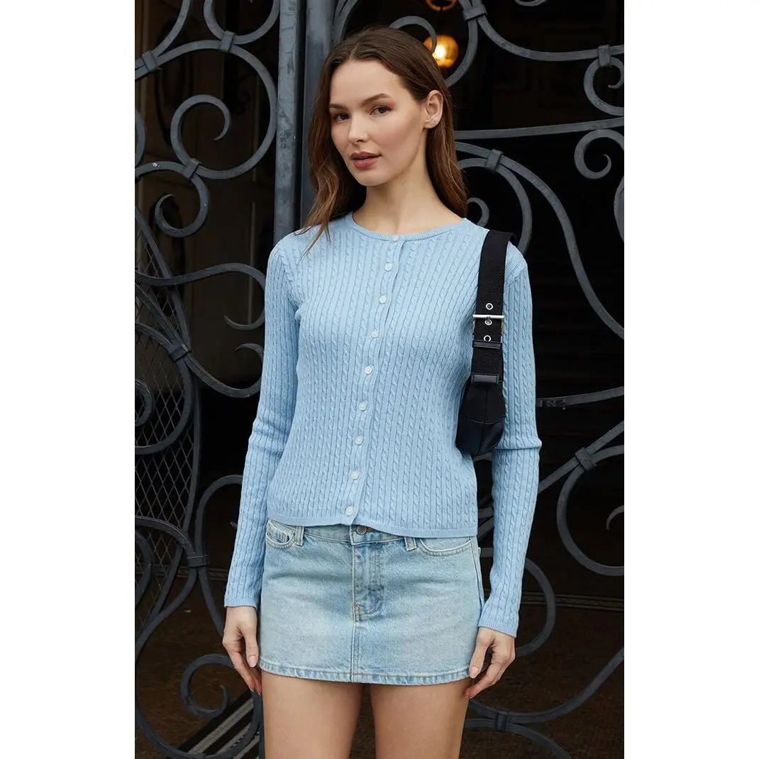 John Galt Women's Light Blue Zoe Cable Knit Cardigan