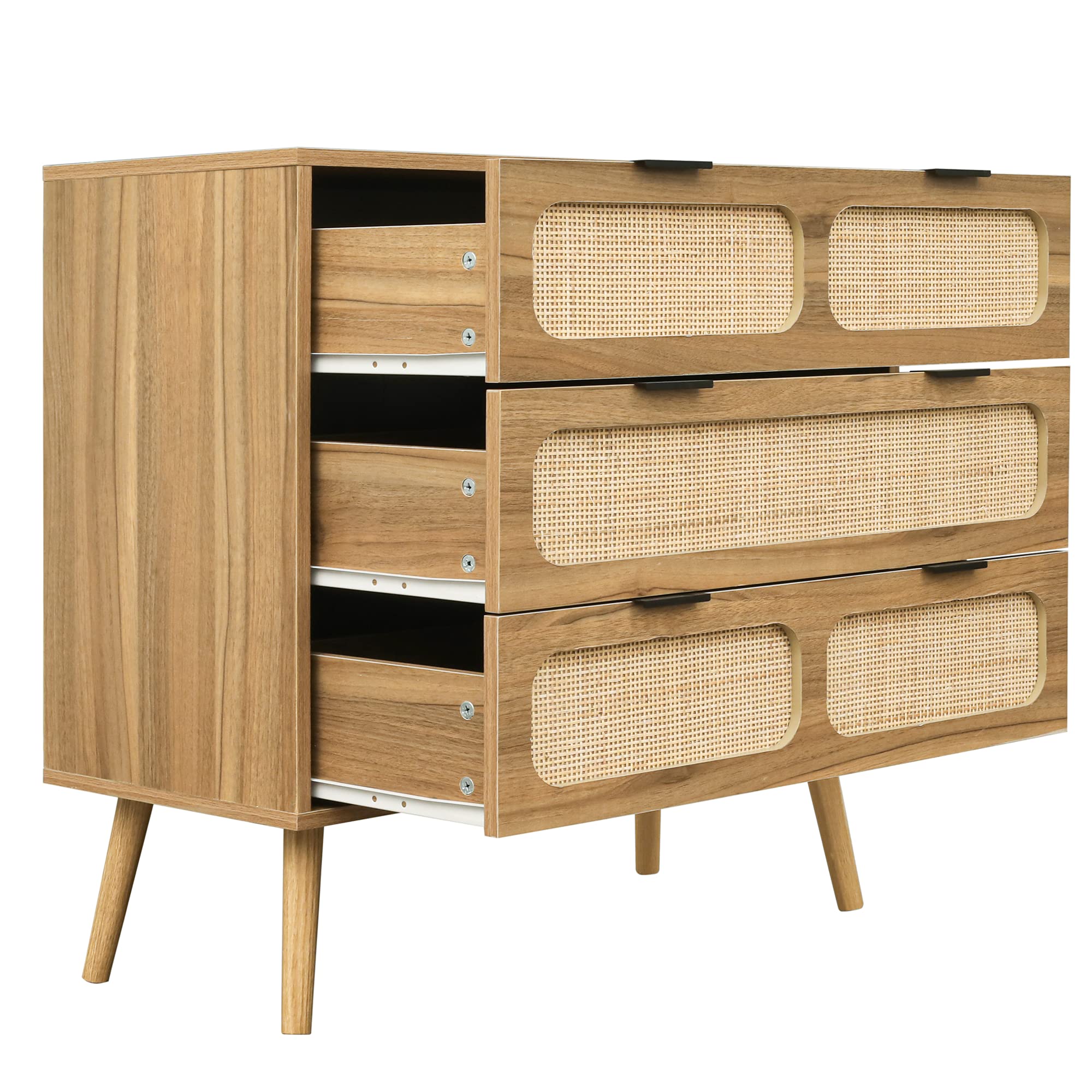 Giratree 3 Drawer Dresser, Modern Rattan Dresser Chest with Wide Drawers and Metal Handles, Farmhouse Wood Storage Chest of Drawers for Bedroom, Living Room, Hallway, Entryway