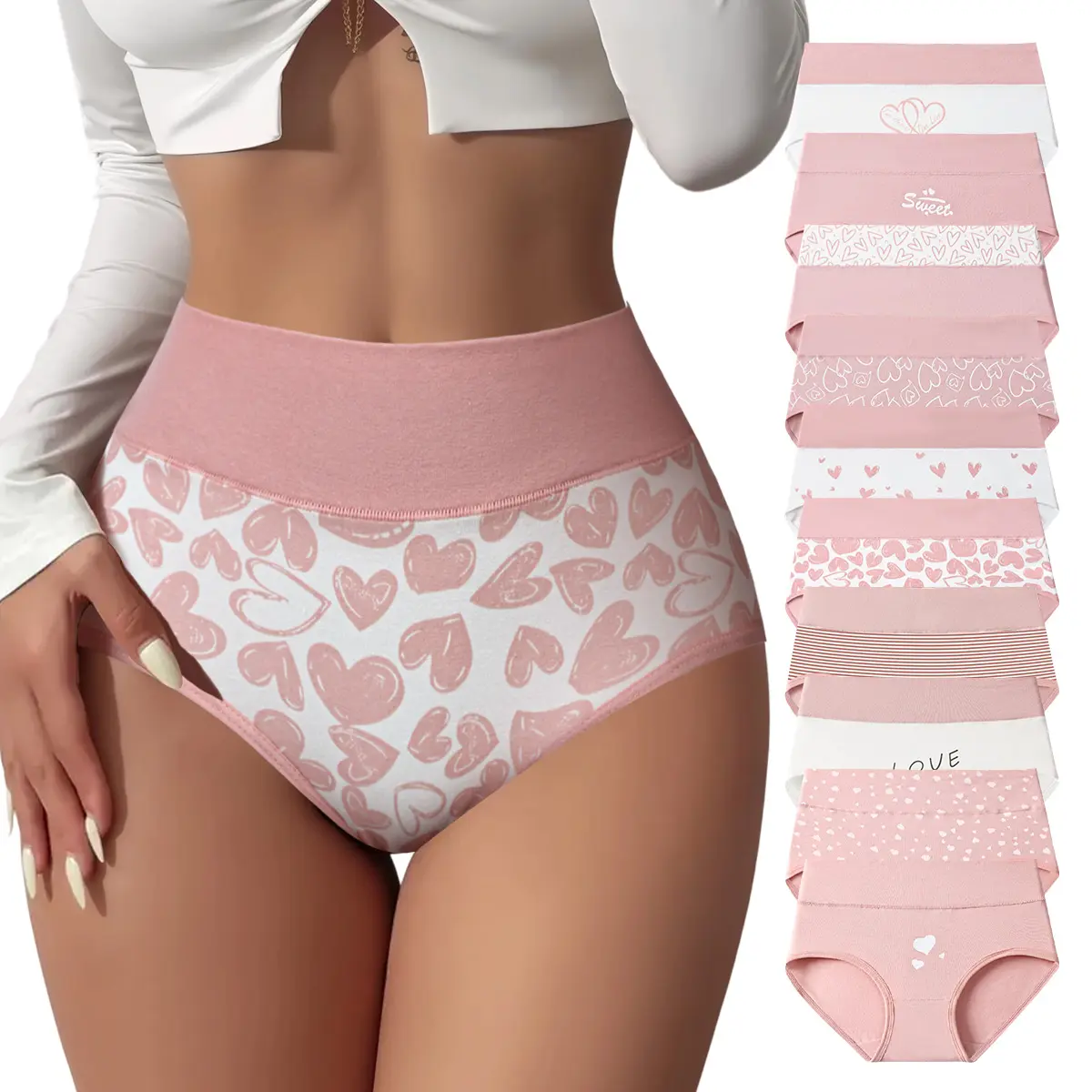 Hotcom 4/6/8/10 Pack Ladies Large Plus Size XS-XXXXL Pure Cotton High Waisted Tummy Control Panties Fresh Full Print Cute Comfort Soft Seamless Underwear Women's Everyday Wear Aesthetics Hipster Briefs Multipack summerwins