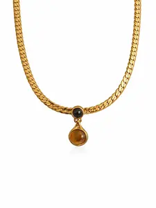 GOLDKELLERY Onyx & Amber Drop Herringbone Necklace