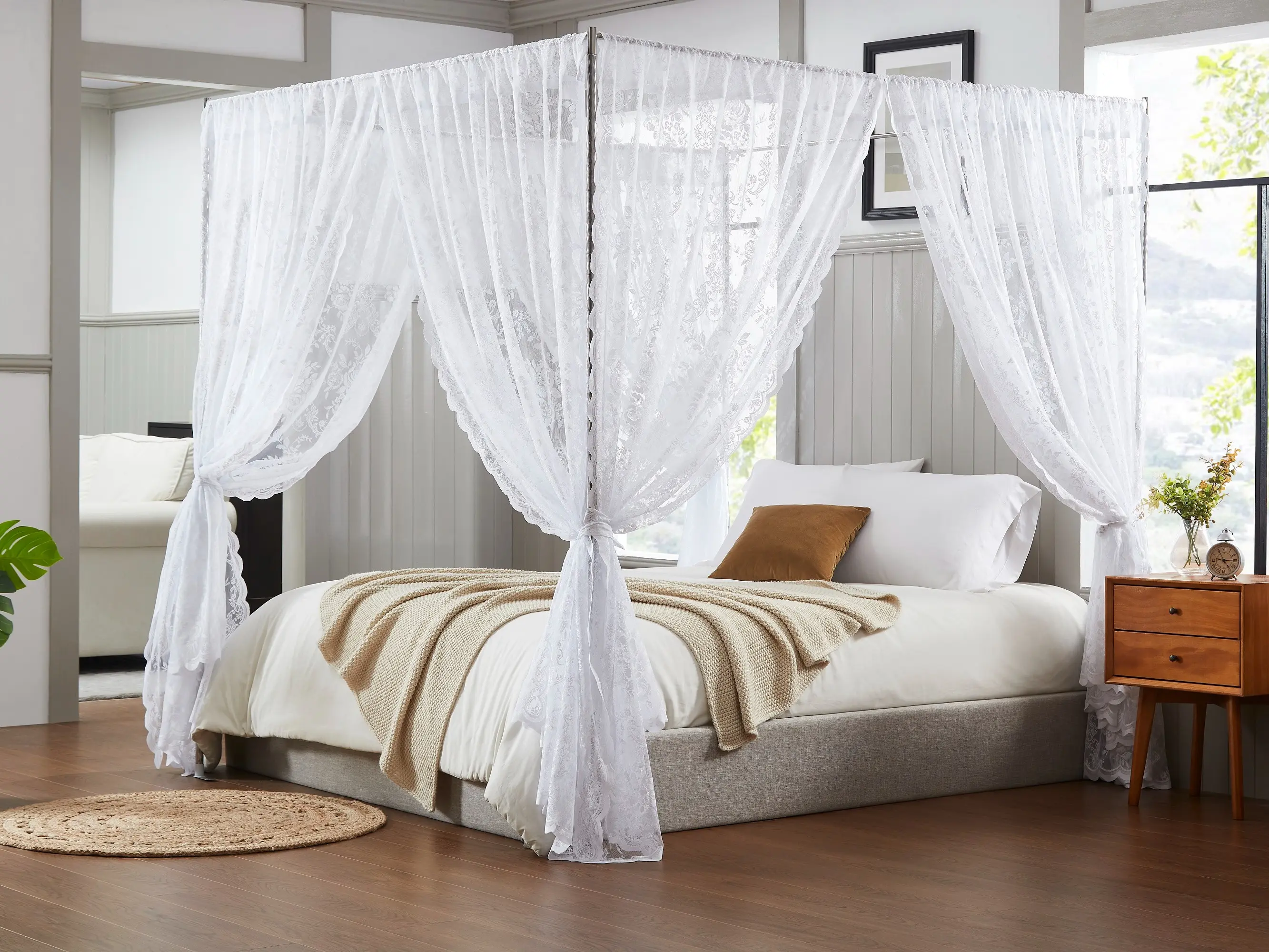 WARM HOME DESIGNS Lace Canopy Bed Curtains Set of 8 Canopies with Tie-Backs in Black, White, Gold, Sage Green and Pink