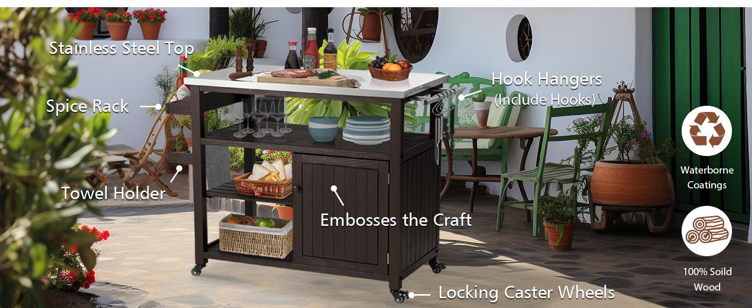 AHB Movable Outdoor Grill Table - Solid Wood Storage Cabinet with Stainless Steel Top, Rolling Kitchen Island & Patio Bar Cart for Backyard, Garden, 2 Doors Design for Easy Storage AHB Movable Outdoor Grill Table - Solid Wood Storage Cabinet with Stainless Steel Top, Rolling Kitchen Island & Patio Bar Cart for Backyard, Garden, 2 Doors Design for Easy Storage