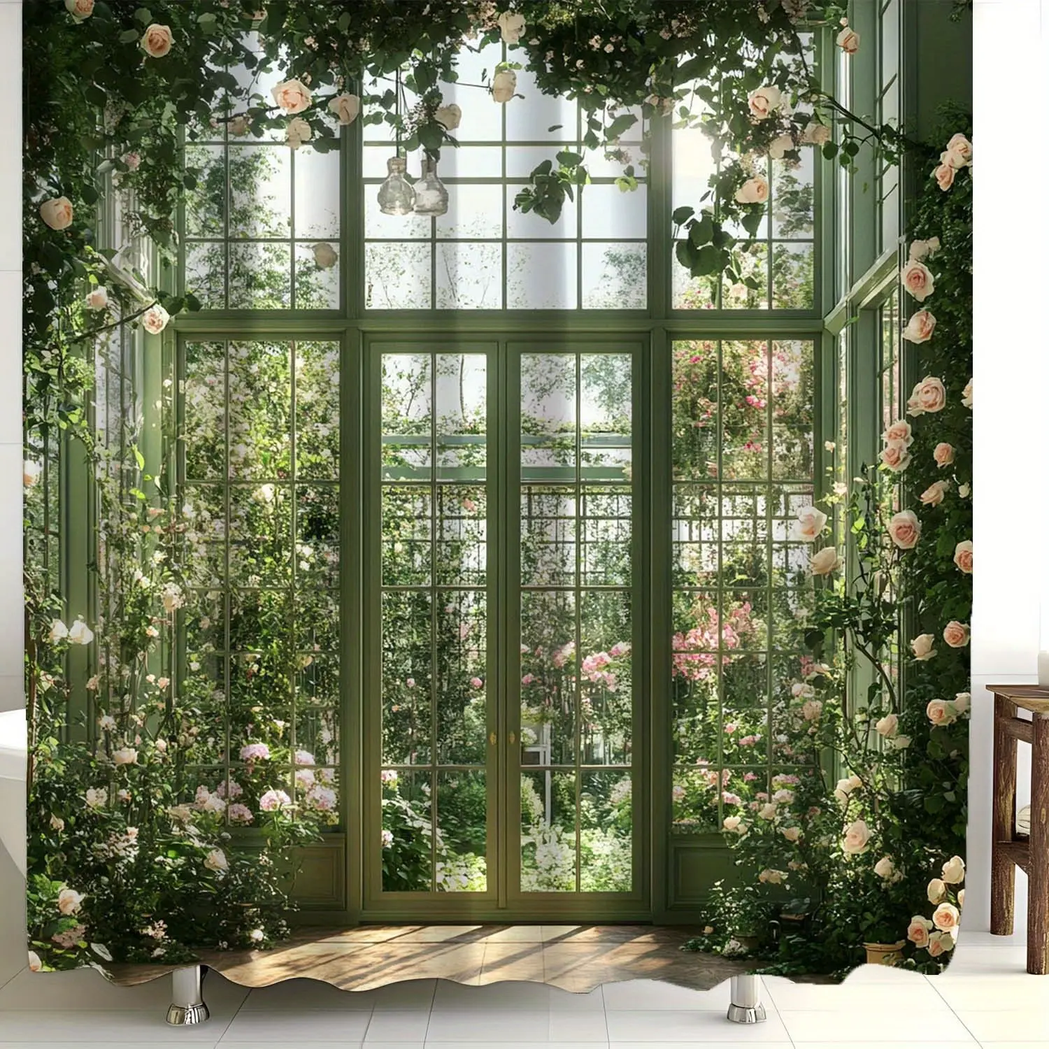 72*72inches Vintage Garden Themed Waterproof Polyester Shower Curtain Set (1/3/4pcs) with Romantic Nature Green Leaf & Geometric Patterns Durable Dustproof Fade-Resistant Shower Curtains with Included Hanging Hooks