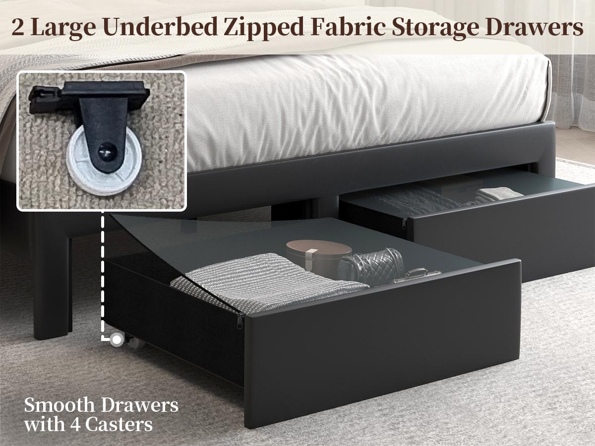 Queen LED Bed Frame with Storage Drawers Upholstered Platform Bed Galaxy Star Projector Charging Station Speaker Aurora Bedframe 2-Tier Storage Headboard Noise-Free PU Leather Velvet Funky Bedroom Furniture