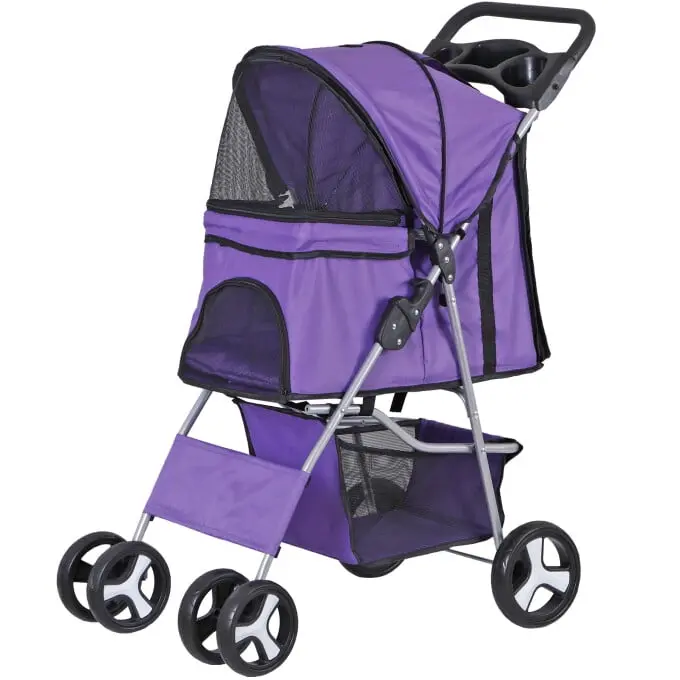 Segawe 4-Wheel Foldable Dog Pet Stroller - Purple, 30lb Capacity, Outdoor Use, Stable Base, Zipper, Metal, 22"x13"x21", 29.5"x17.7"x39.8", Stress-Reducing Support, Mesh Ventilation, Thick Fabric, Puppy Stroller, 29.5" X 17.7" X 39.8"