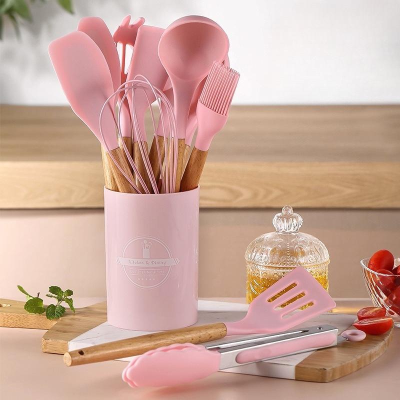Wooden handle silicone kitchenware 12-piece set with round storage bucket, including non-stick spatula, spoon and blender, etc., perfect for Christmas,  Easter gifting. silicone kitchenware Set with Baking Tool. Utility. Cookware Kitchen Utensil Set