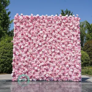 8×8Ft 3D Pink Rose Flower Wall Curtain | Rolling Floral Backdrop with Storage Bag